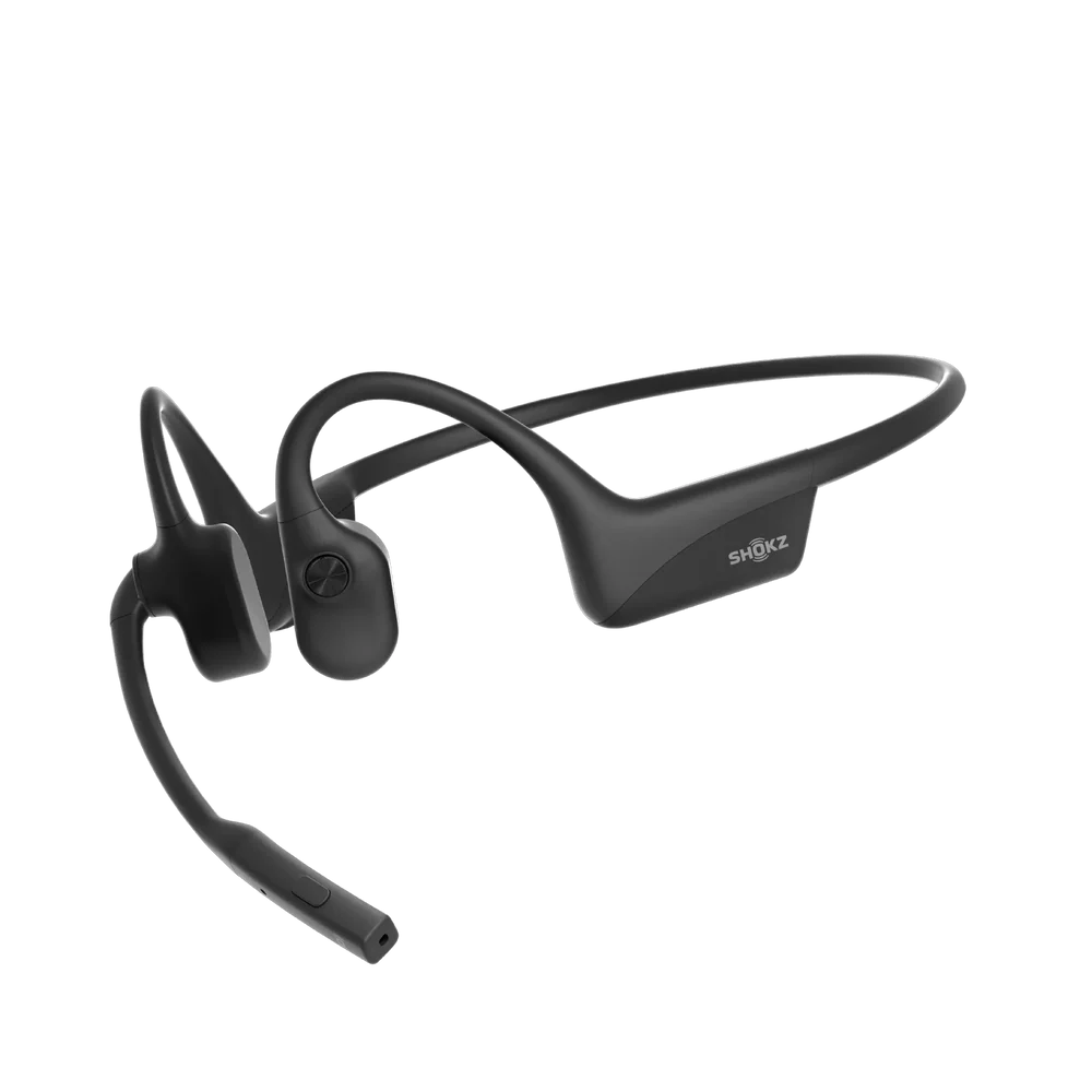 
Side view of Shokz OpenComm 2 bone-conduction headset, 2025 model, on white background.
