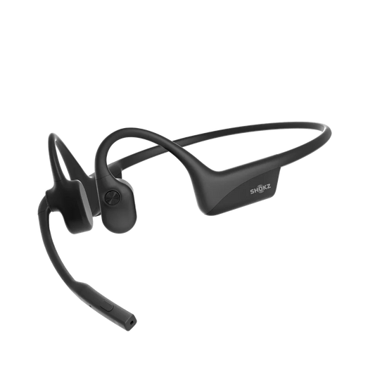 
Side view of Shokz OpenComm 2 bone-conduction headset, 2025 model, on white background.
