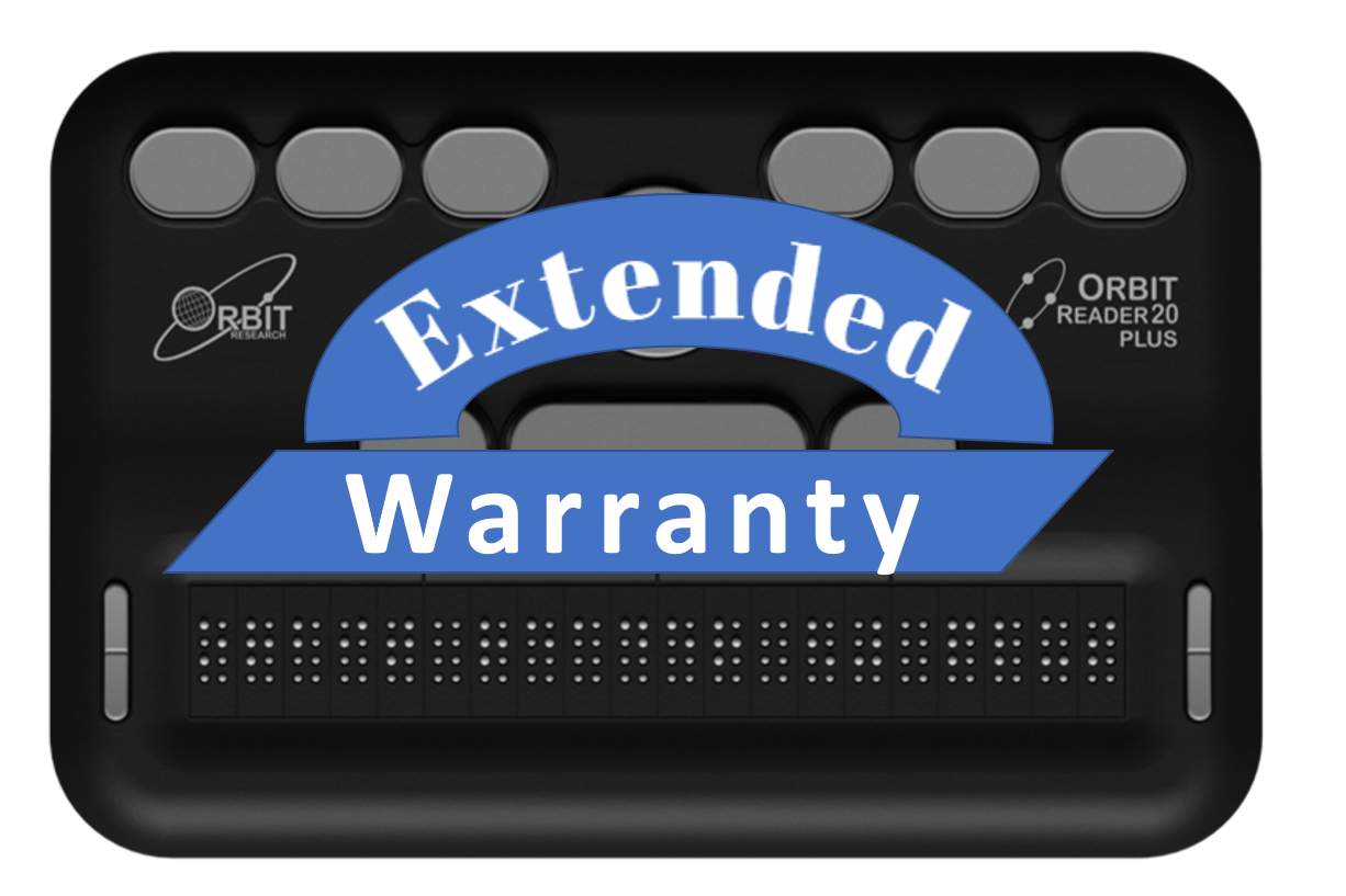 Image of an Orbit 20 Plus. A blue banner with white text is overlayed in the center, stating "Extended Warranty." The Orbit Research logo is in the top left corner, and "Orbit Reader 20 Plus" is in the top right corner.