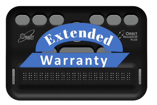 Image of an Orbit 20 Plus. A blue banner with white text is overlayed in the center, stating "Extended Warranty." The Orbit Research logo is in the top left corner, and "Orbit Reader 20 Plus" is in the top right corner.