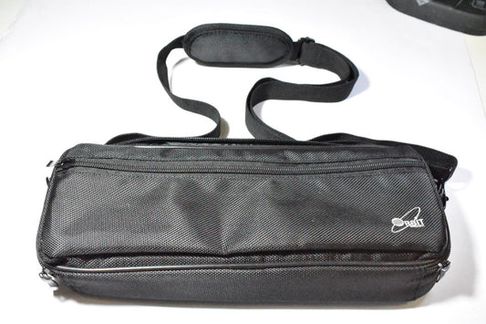 The black Orbit Reader 40 Fitted Leather carrying case with an adjustable, padded shoulder strap. It is rectangular and is made of a textured fabric material. There is a small white Orbit Research logo on the bottom right corner of the case.