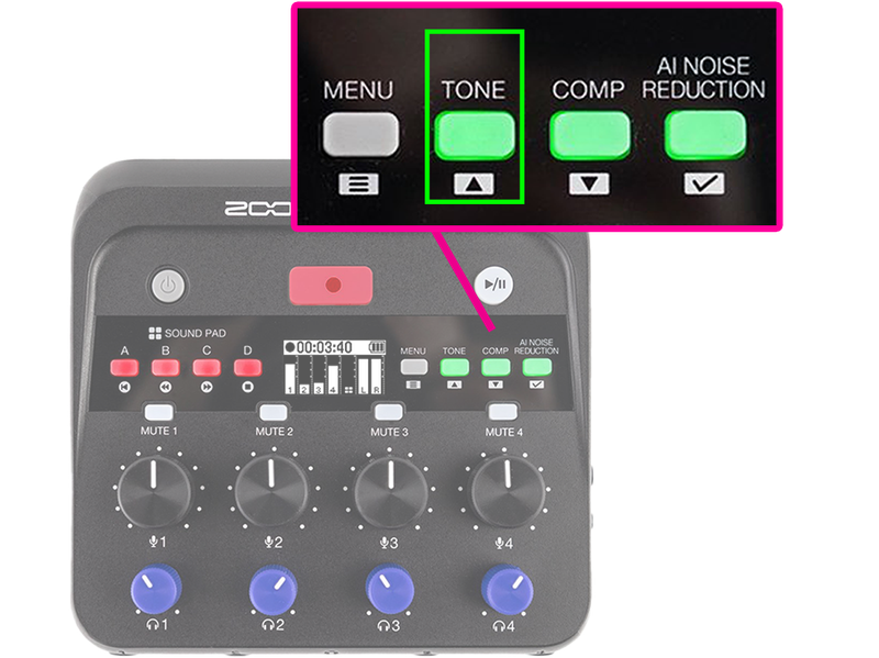 Audio mixer with control panel and highlighted 'TONE' button on a white background