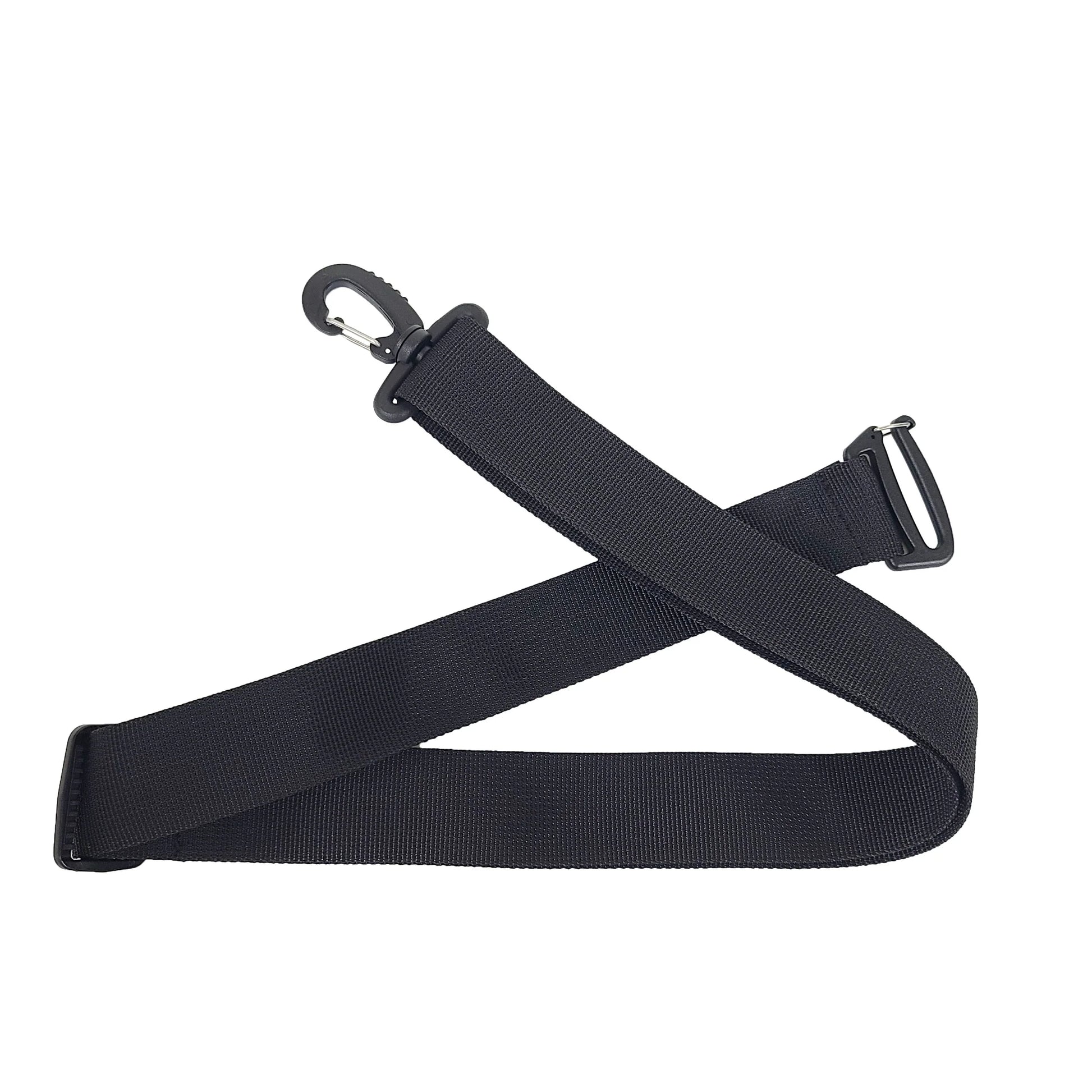 An adjustable, black, wide crossbody strap with a rotating hooked clip on one end and a flat band clip on the other. The clip components are hard plastic with a spring loaded metal part for the latch component.