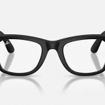 Front View of the black and clear Meta Ray Ban Smart Glasses, the arms partially open against a light background