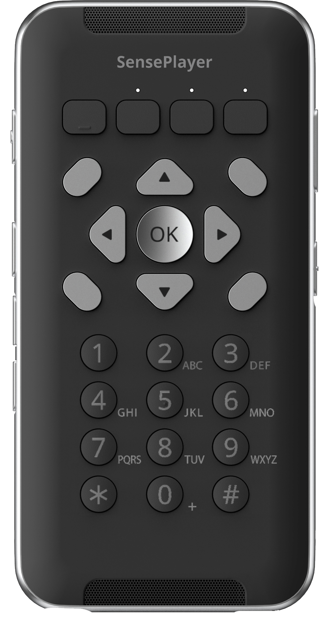 Front view of the SensePlayer device featuring the 'SensePlayer' logo at the top, a navigation pad with an 'OK' button in the center, and four triangular directional buttons around it, each pointing in one direction with the flat sides aligned along the 'OK' button. Below is a standard numeric keypad.