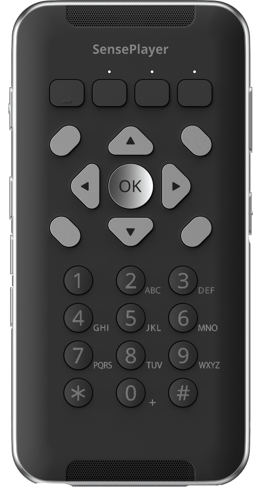 Front view of the SensePlayer device featuring the 'SensePlayer' logo at the top, a navigation pad with an 'OK' button in the center, and four triangular directional buttons around it, each pointing in one direction with the flat sides aligned along the 'OK' button. Below is a standard numeric keypad.