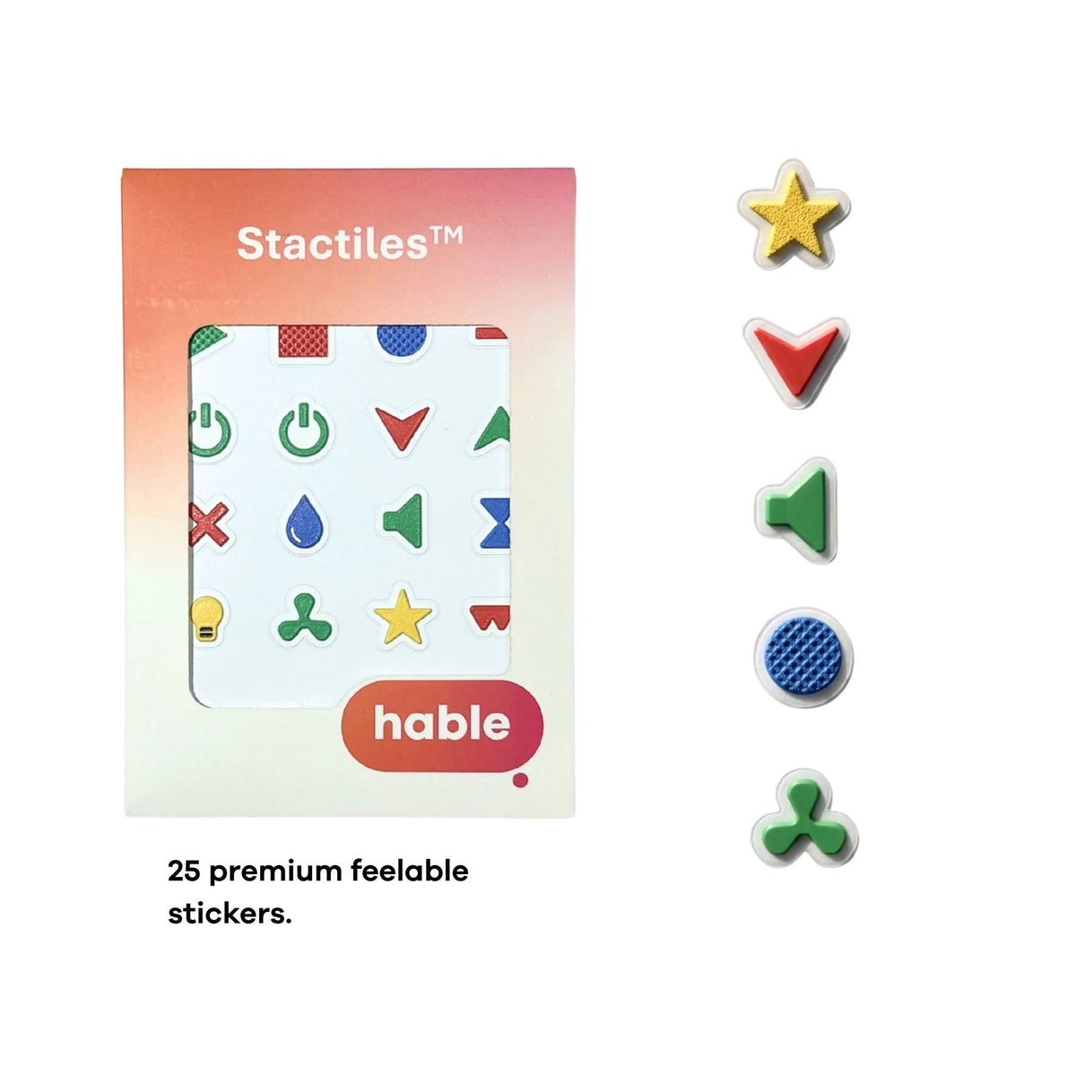 Hable Stactiles General Utility retail packaging with sample tactile appliance stickers including a star, chevron, speaker, textured circle, and fan-like symbol.