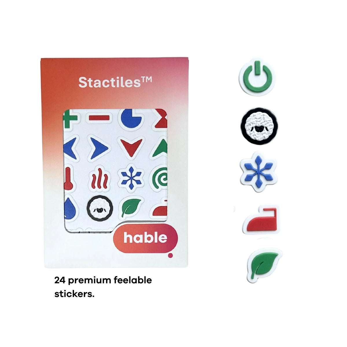 Hable Stactiles Washing retail packaging with sample tactile laundry stickers including power, wool, snowflake, iron, and eco symbols.