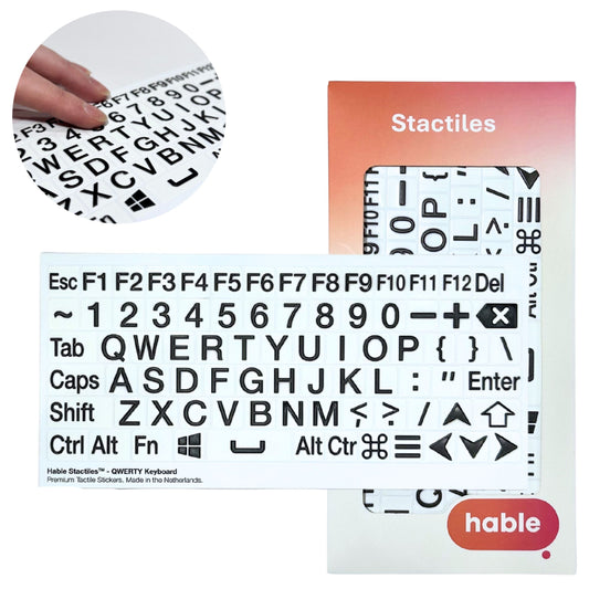 A circular inset in the top-left shows fingers touching the raised, high-contrast stickers. The main image features a full sheet of 76 tactile stickers covering every standard key, including Esc, F1–F12, numbers, the full QWERTY alphabet and modifier keys. The Hable retail packaging is shown on the right.