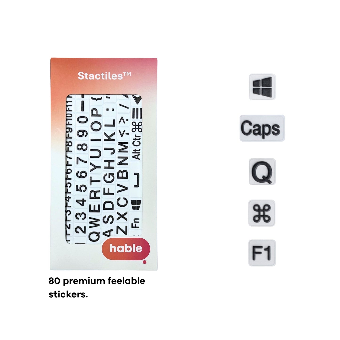 The Stactiles retail box is displayed next to five individual sample stickers arranged vertically: a Windows logo, a "Caps" key, the letter "Q", an Apple Command symbol, and the "F1" key. Each sticker features bold black text or symbols on a white background with a raised 3D texture. Text at the bottom reads: "80 premium feelable stickers."