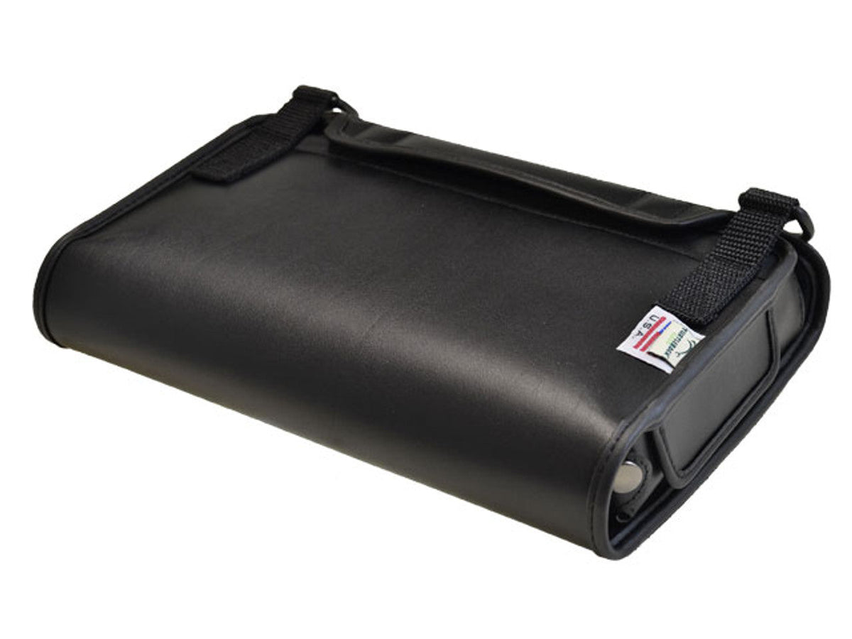 Angled back view of the BrailleSense U2 case showing snap-fastened leather corner guards, stitched hand grip, strap attachment loops and Turtleback USA label.