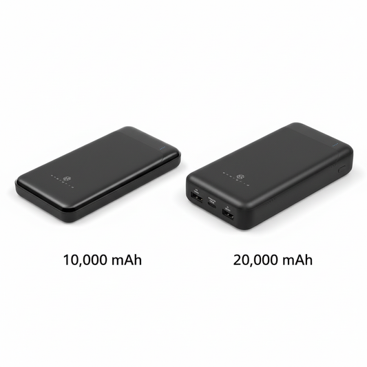 2 power banks pictured side-by-side, the smaller labeled 10,000 mAh and the larger 20,000 mAh.