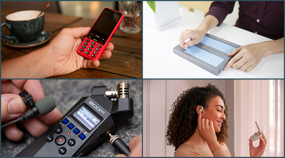 Four photos in a grid. (1) A hand sits on a wooden table holding a red Blindshell Classic phone. (2) A woman using a Versa Slate. (3) Hands connecting an audio jack to a Zoom H1 Recorder. (4) A woman smiles while adjusting her SHOKZ OpenFit headphones.