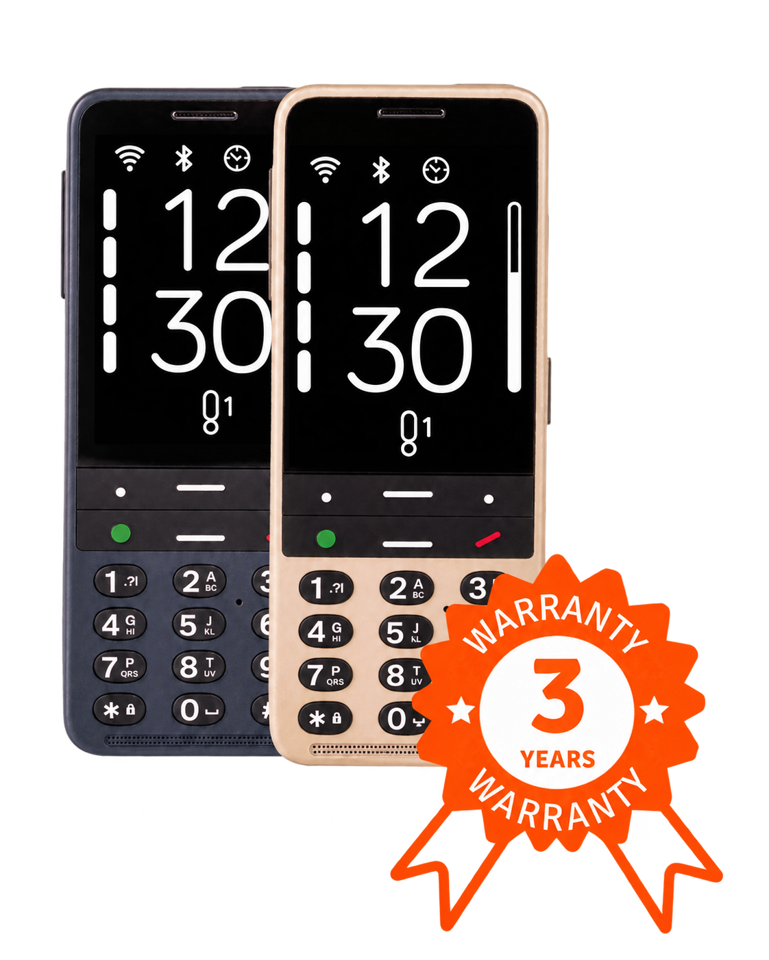 BlindShell Classic 3 phones in Ocean Blue and Golden Sand, front views, with an orange 3-year warranty badge.