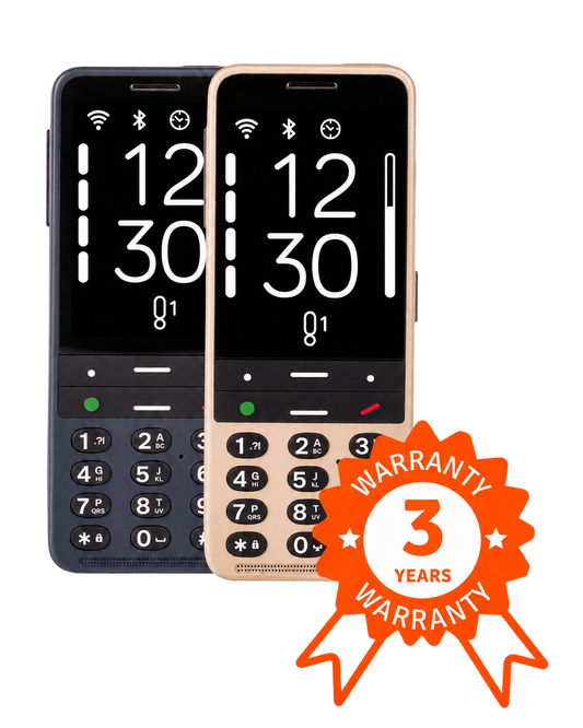 BlindShell Classic 3 phones in Ocean Blue and Golden Sand, front views, with an orange 3-year warranty badge.