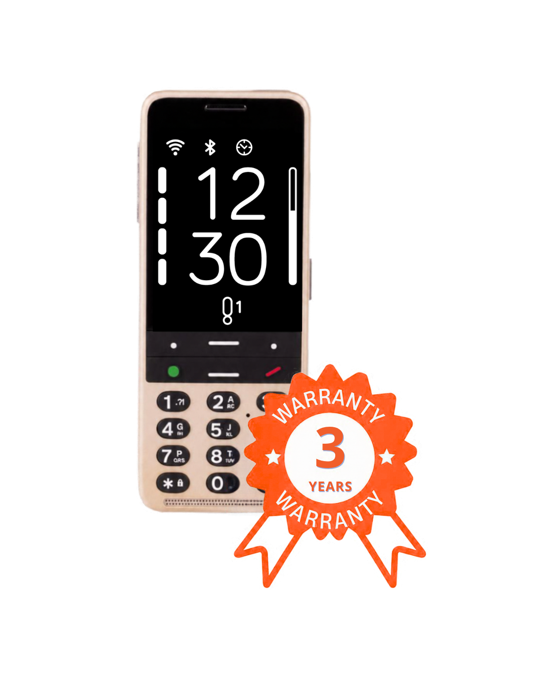 Golden Sand BlindShell Classic 3 phone, front view, with an orange 3-year warranty badge.