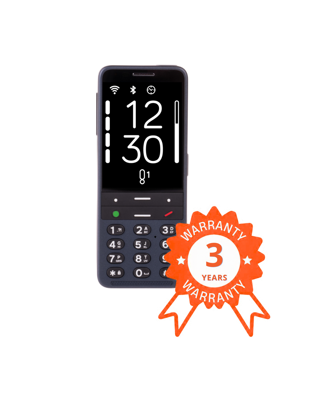 Ocean Blue BlindShell Classic 3 phone, front view, with an orange 3-year warranty badge.