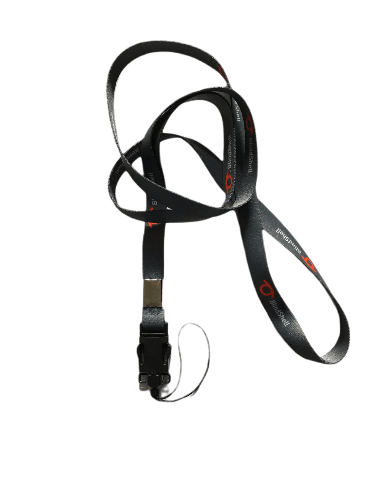 BlindShell lanyard: dark grey woven neck strap printed with the BlindShell name and red logo, with a black quick-release buckle and thin cord loop for the phone's lanyard hole.