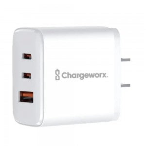 White USB-C and USB-A wall charger block shown by itself, unplugged, with prongs visible and no packaging