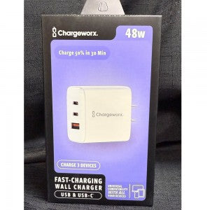 White wall charger shown in retail packaging