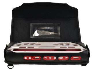 Black fitted Turtleback case for BrailleSense U2 opened for use, with the braille keyboard and display exposed and the leather protective flap raised.