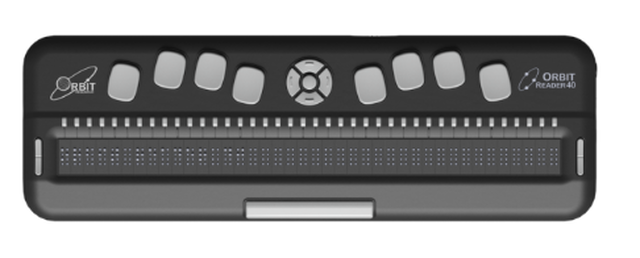 The Orbit Reader 40 Fitted Leather Case, snugly holding an Orbit Reader 40, all of it's controls and ports perfectly visible.