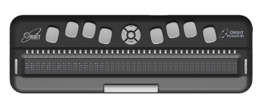 The Orbit Reader 40 Fitted Leather Case, snugly holding an Orbit Reader 40, all of it's controls and ports perfectly visible.